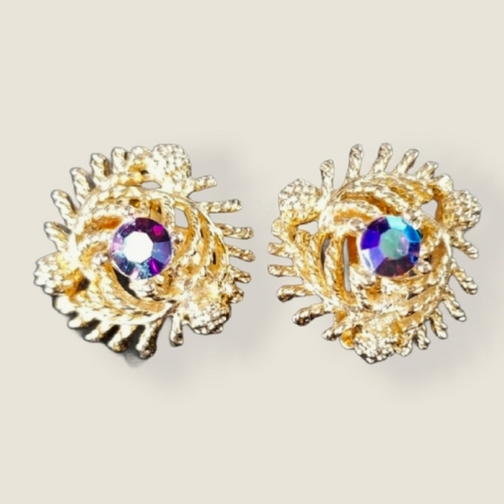 Vintage Mid Century Signed LISNER Goldtone AB Crystal Clip Earrings
